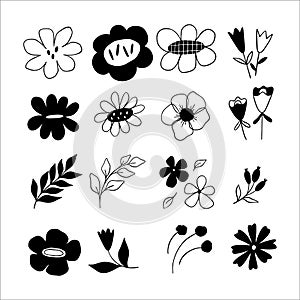 Collection of simple black and white doodle flower designs.