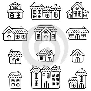 A collection of simple and cute linear houses. Doodle art illustration. Set of flat elements for the design of