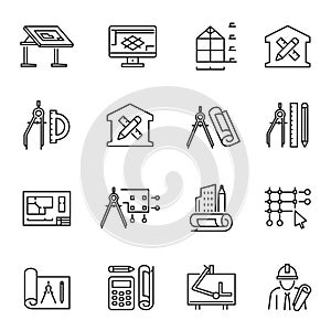 Collection of simple monochrome architectural planning icon vector construction design engineering