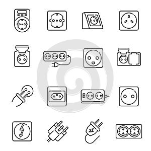 Collection of simple monochrome contour plug socket line icon energy connection electricity device