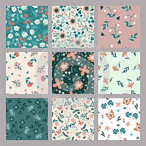 Collection of simple seamless patterns with flowers. Vector graphics