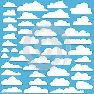 Simple white clouds pattern on blue background in flat style. Vector illustration