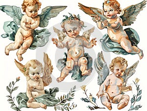 Collection of six adorable vintage-style cherubs illustrated in watercolor, perfect for art and design photo