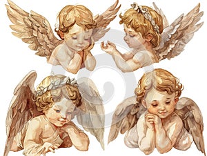 Collection of six adorable vintage-style cherubs illustrated in watercolor, perfect for art and design photo