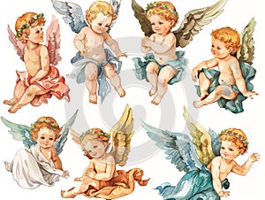 Collection of six adorable vintage-style cherubs illustrated in watercolor, perfect for art and design photo