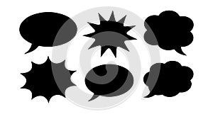 Collection of six black speech bubble silhouettes on a white background