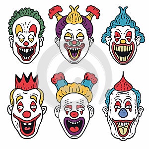 Collection six cartoon clown faces varying expressions hairstyles colorful makeup isolated white photo