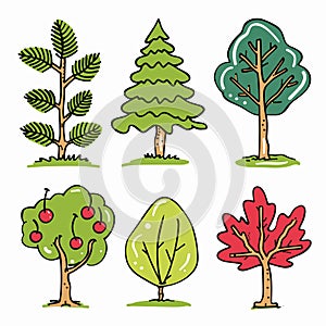 Collection six cartoon trees featuring distinct styles leaf patterns, vibrant colors. Simplistic photo