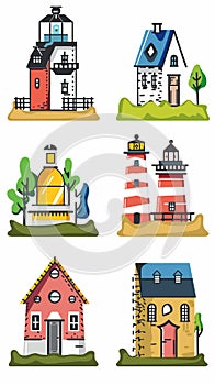 Collection six colorful buildings includes lighthouse, schoolhouse, church, homes, uniquely