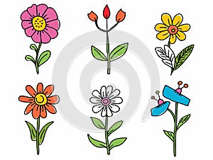 Collection six colorful flowers, simple flat design, isolated white background, flower unique