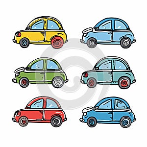 Collection six colorful retro cars cartoon style isolated white background. Vintage vehicles