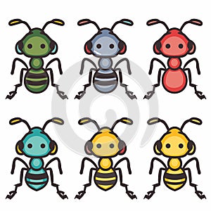 Collection six cute cartoon ants, different colors, isolated white background. Simplistic design photo