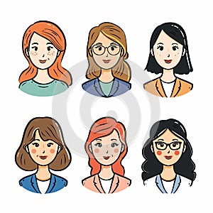 Collection six female characters smiling, different hairstyles, diverse ethnicity. Women cartoon