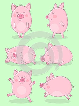 Collection of six funny pigs on a green background. Vector illustration for New Year, Christmas, prints, invitation, flyers, cards