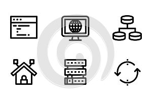 Collection of six outline icons for web development and data management vector illustration