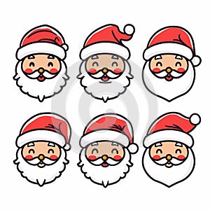 Collection six Santa Claus faces expressing different emotions. Santa has distinct facial photo