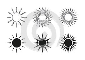 Collection of six stylized sun illustrations in black and white