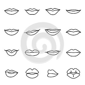 Collection of sixteen linear icons of women's lips