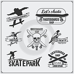 Collection of skateboarding labels, emblems, badges and design elements.