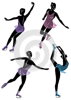 Collection. Skater skates on ice. The girl is beautiful and slender. Lady athlete, figure skater. Vector illustration of a set
