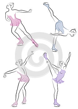 Collection. Skater skates on ice. The girl is beautiful and slender. Lady athlete, figure skater. Vector illustration of a set