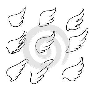 Collection of Sketch angel wings. Angel feather wing, bird tattoo silhouette. Linear fly winged angels, flying heaven hand drawn