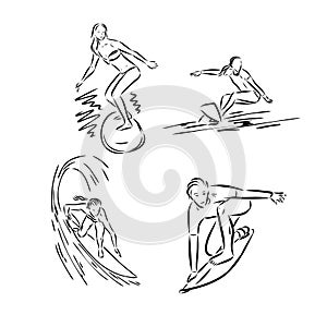 Collection of sketches of the surfers, hand drawn vector illustration