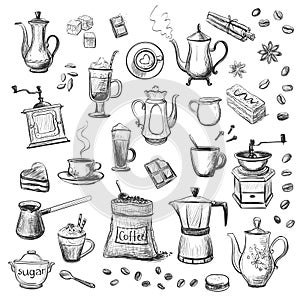 A collection of sketches on the theme of coffee.Hand drawn