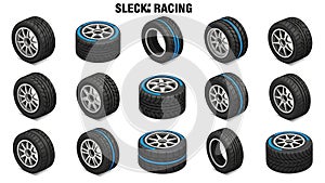 A collection of sleek racing tires with blue accents on a white background