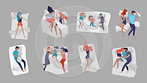 Collection of sleeping people character. Family with child are sleep in bed together and alone in various poses