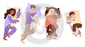 Collection sleeping people with toys. Ethnic black woman with bunny and light-skinned man and girl with plush animal cat