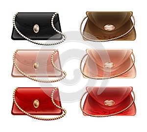 A collection of small theater handbags and purses in different colors