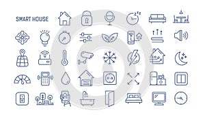 Collection of smart house linear icons - control of lighting, heating, air conditioning. Set of home automation and