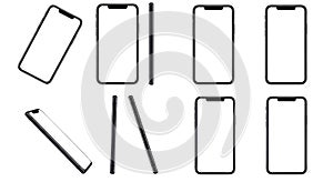 Collection of smartphone outlines in various angles on black background