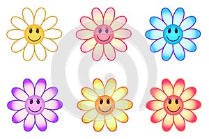 Collection of smiling chamomiles in different colors and gradients