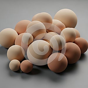 A collection of smooth, spherical objects in various sizes are gathered on a neutral