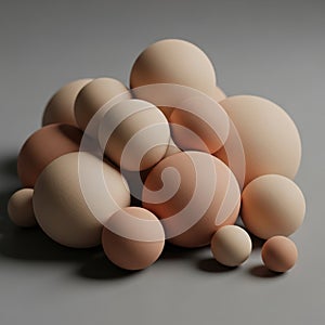 A collection of smooth, spherical objects in various sizes and soft hues of beige,