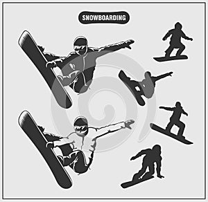 Collection of snowboarding labels, emblems, badges and silhouettes of snowboarders.