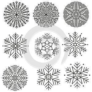 A collection of snowflake icons isolated on a white background. Design elements of the New Year, Christmas, weather Vector