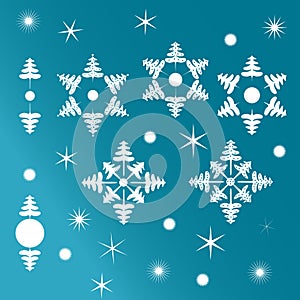 Collection of snowflakes and fir trees. White, separated from blue gradient background. Abstract