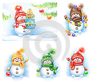 Collection of snowmen in mittens and hats