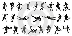 Collection of soccer football player silhouettes, flat vector design,