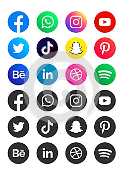 Collection of social media icons and logos. Coloured and black.