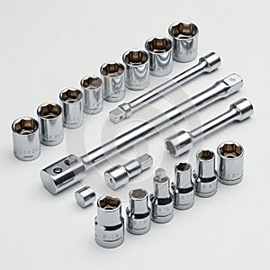 3D rendering of a set of metal wrenches on a white background