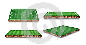 Collection of soil cross section with grass soccer field Isolated on white