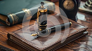 A collection of sophisticated writing tools including a monogrammed fountain pen luxurious inkwell and leatherbound photo