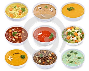 Collection of soups soup in bowl tomato vegetable noodle isolate