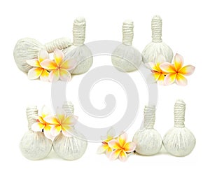 Collection of Spa herbal compressing ball on white background