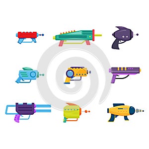 Collection of Space Laser Ray Guns, Colorful Toy Blasters Vector Illustration