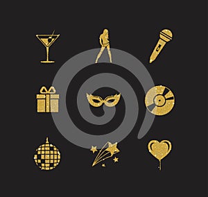 A collection of sparkling gold glitter stylized fancy night club and party icons for flier, banner, typography, web